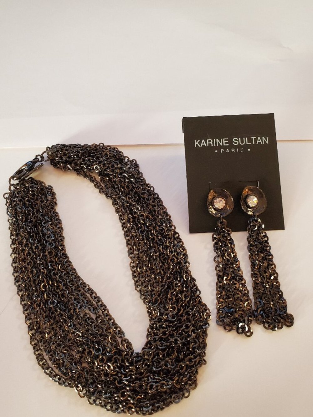 Karine Sultan Gun Metal Cable Chain Multi Strand Choker Necklace & Earrings NWT